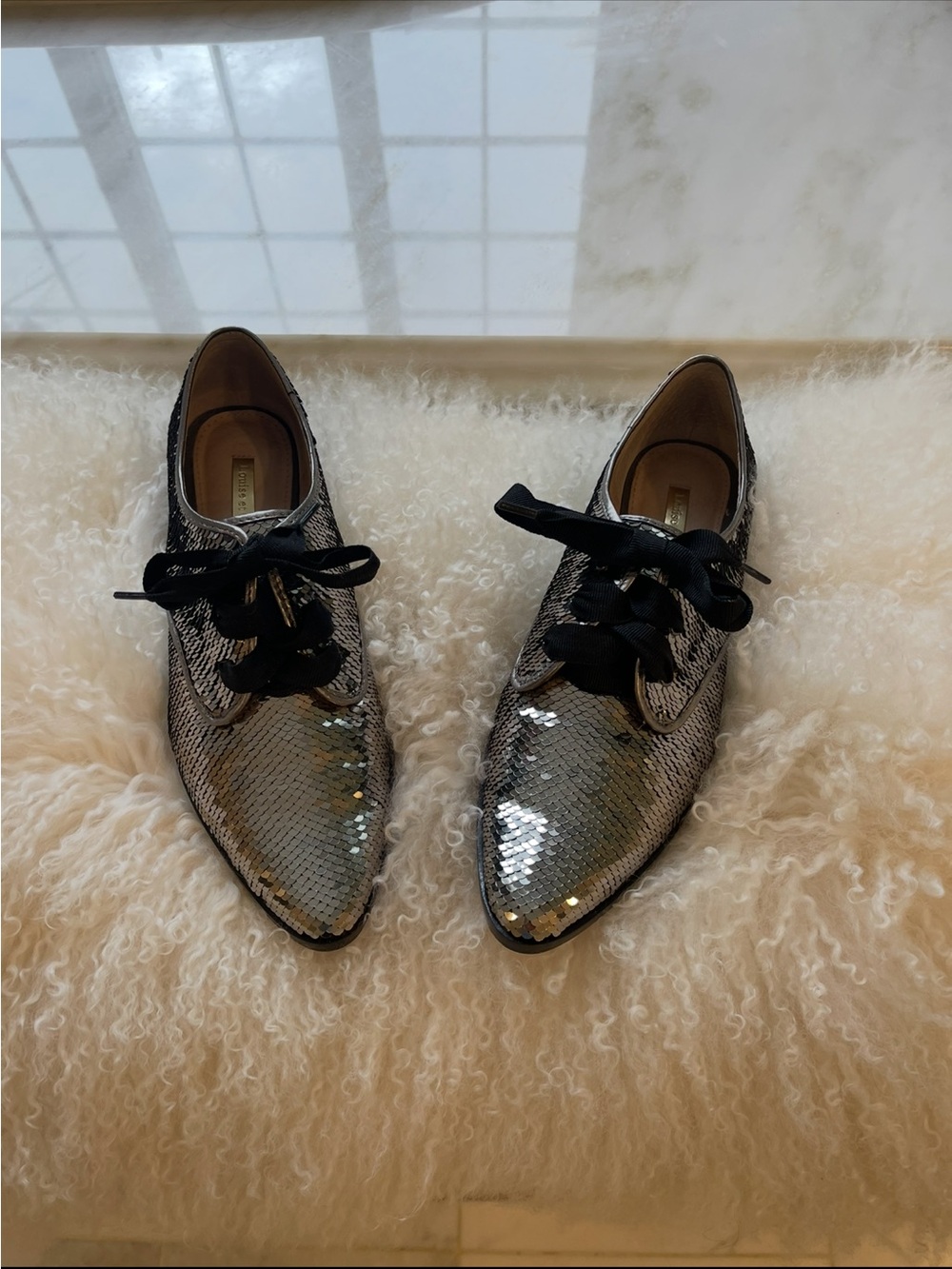 Louise et Cie Silver Sequin Lace-Up Pointed Oxfords